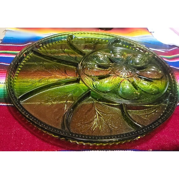 Indiana Green Glass Deviled Egg & Relish Dish Serving Platter 13" Entertaining - Picture 1 of 11